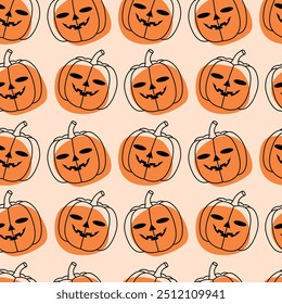 Halloween pumpkin seamless pattern. Pumpkin face and abstract elements in retro colors. Vector illustration for packaging, fabric, card, wrapping paper, cover, background
