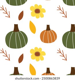 Halloween Kürbis nahtloses Muster, Herbst-Textur, Herbst-Hintergrund, Vektordruck, Herbst-Blätter und Blumen