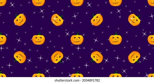 Halloween pumpkin seamless pattern. Festive pumpkin on dark background. Vector illustration for design, invitation, wrapping paper, banner, advertisement, promotion. Halloween concept.