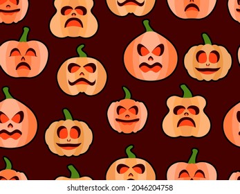 Halloween pumpkin seamless pattern. Festive background with scary pumpkins for Halloween. Jack-o lantern for wrapping paper, banners and advertising materials. Vector illustration