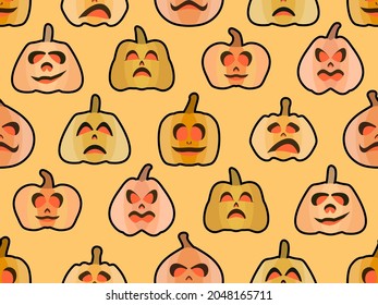 Halloween pumpkin seamless pattern. Festive background with scary pumpkins for Halloween. Jack-o lantern for wrapping paper, banners and advertising materials. Vector illustration