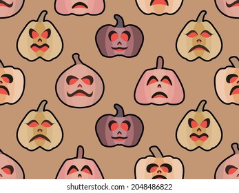Patrón de calabaza sin fisuras de Halloween. Fondo festivo con calabazas aterradoras para Halloween. Linterna Jack-o para envolver papel, pancartas y materiales publicitarios. Ilustración del vector