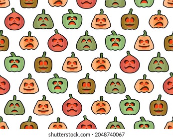 Halloween pumpkin seamless pattern. Festive design with scary pumpkins for Halloween on white background. Jack-o lantern for wrapping paper, banners and advertising materials. Vector illustration