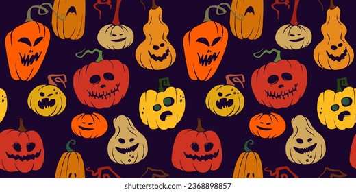 Halloween pumpkin seamless pattern.  Funcolor scary and funny  hand drawn vector silhouettes with face  for  textiles, banners, wallpapers, wrapping design. Dark background, yellow, orange, red
