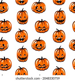 Halloween pumpkin seamless pattern. Funny autumn symbol. Orange background.