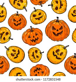 Halloween pumpkin seamless pattern. Hand drawn vector illustration. Pumkin background.