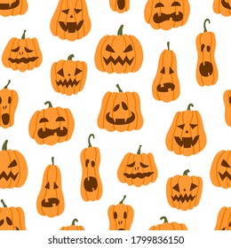 Patrón de calabaza sin fisuras de Halloween. Ilustración vectorial dibujada a mano sobre fondo blanco