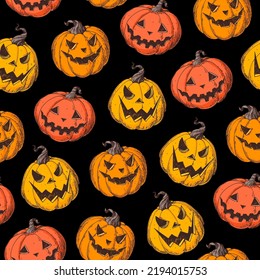 Patrón sin fisuras de la calabaza de Halloween. Ilustración vectorial dibujada a mano. Jack o Lantern. Diseño vintage para la celebración de Halloween. Plantilla de diseño.
