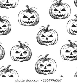 Halloween pumpkin seamless pattern, Hand drawn illustration of a pumpkin with a carved scary face, repeating background for wrapping paper, wallpaper