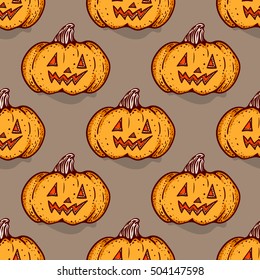 Halloween pumpkin seamless pattern. Hand drawn sketchy background with jack-o-lantern, design element for halloween party invitation card, wrapping, greeting card