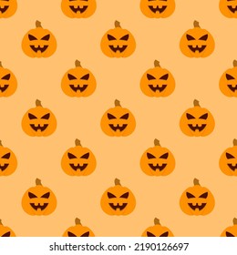 Halloween pumpkin seamless pattern. Halloween pumpkin lanterns on yellow background. Halloween background with orange pumpkin. Design for print wrapping paper, wallpaper, fabric. Vector illustration