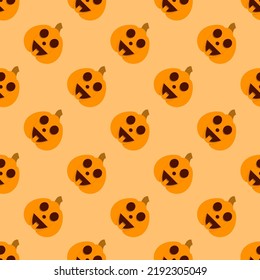 Halloween pumpkin seamless pattern. Halloween pumpkin lanterns on yellow background. Halloween background with orange pumpkin. Design for print wrapping paper, wallpaper, fabric. Vector illustration