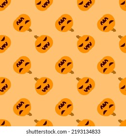 Halloween pumpkin seamless pattern. Halloween pumpkin lanterns on yellow background. Halloween background with orange pumpkin. Design for print wrapping paper, wallpaper, fabric. Vector illustration