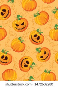 Halloween pumpkin seamless pattern on orange background with vine leaves. Cute halloween pumpkin pattern background. Halloween theme design vector illustration