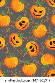 Halloween pumpkin seamless pattern on gray background with vine leaves. Cute halloween pumpkin pattern background. Halloween theme design vector illustration
