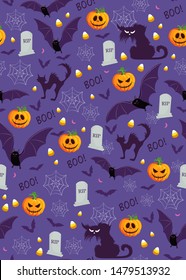 Halloween pumpkin seamless pattern on purple background. Cute halloween pumpkin and decoration pattern background. Halloween theme design vector illustration