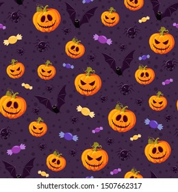 Halloween pumpkin seamless pattern on purple background. halloween pattern background. vector illustration