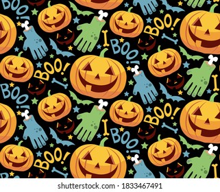 Halloween pumpkin seamless pattern on the black background 