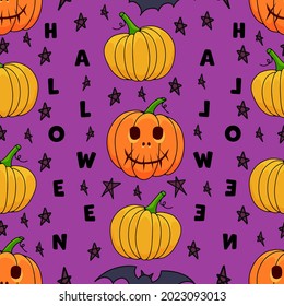 Halloween pumpkin seamless pattern on violet background. Cute halloween pumpkin pattern with web. Halloween theme design vector illustration
