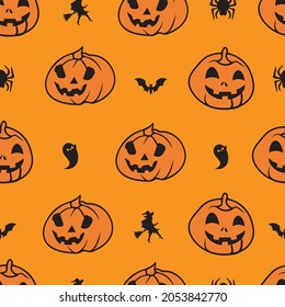 Halloween Kürbis Nahtloses Muster auf orangefarbenem Hintergrund, Vektorgrafik-Design