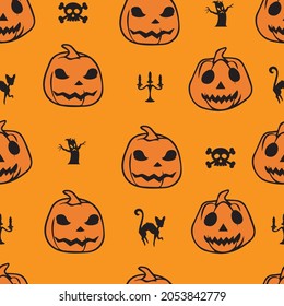 Halloween Pumpkin Seamless Pattern on Orange Background, Vector illustrator Design