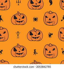 Patrón sin foco de calabaza de Halloween sobre fondo naranja, diseño ilustrador de vectores