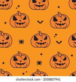 Patrón sin foco de calabaza de Halloween sobre fondo naranja, diseño ilustrador de vectores