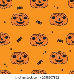 Patrón sin foco de calabaza de Halloween sobre fondo naranja, diseño ilustrador de vectores
