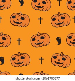Halloween Pumpkin Seamless Pattern on Orange Background, Vector illustrator Design