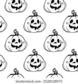 Padrão sem emenda de abóbora de Halloween, sorrindo bonito desenho de esboço Jack-o-lantern, caráter extravagante, design de embalagem, papel de embrulho