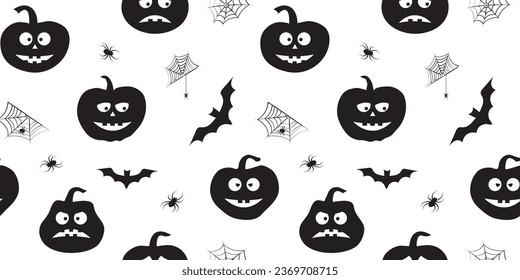 Halloween pumpkin seamless pattern, spider, cobweb and bat silhouettes. Scary vector background