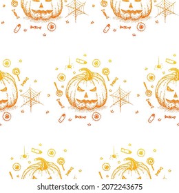 Halloween Pumpkin Seamless Pattern. Vector Illustration of Dotwork Handdrawn Object.