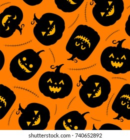 Halloween pumpkin seamless pattern. Vector illustration isolated on orange background. Happy Halloween day.