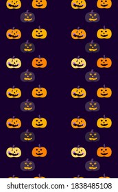 Patrón de calabaza sin foco de Halloween.Jack-o-lantern, fondo infinito oscuro naranja brillante,calabazas mullidas. Pancarta del Día de Todos los Santos. Saludo brillante Feliz Halloween. Impresión textil.Ilustración de vectores espeluznantes