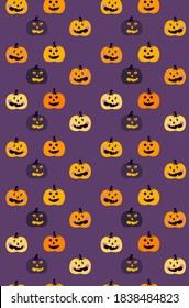Patrón sin foco de calabaza de Halloween.Patrón sin foco Jack-o-lantern,Violeta sin fin, fondo naranja brillante,Calabazas cortas.Pancarta del Día de Todos los Santos.Saludo brillante Feliz Halloween.Impresión textil.Ilustración de vectores espeluznantes