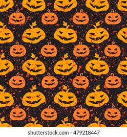 Halloween pumpkin seamless vector pattern. Cute and funny Jack o'lantern background. Carved pumpkins with scary smiles and splash, specks, drops, blots, spots texture.
