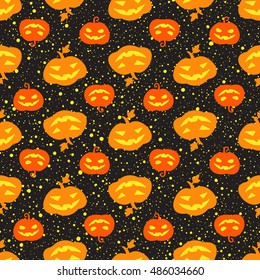 Halloween pumpkin seamless vector pattern. Cute and funny Jack o'lantern background. Carved pumpkins with glowing eyes, scary smiles and splash, specks, drops, blots, spots texture.