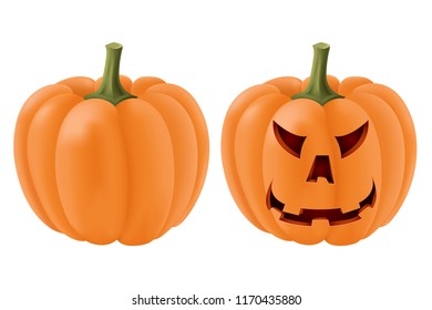 Halloween pumpkin set. With angry face carving. Vector 3d illustration isolated on white background