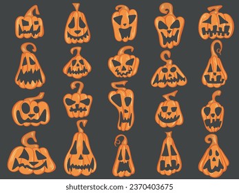 Halloween pumpkin set. Autumn pumpkin characters for Thanksgiving and Halloween. Creepy, funny, spooky, scary emotions, clip art vector illustration
