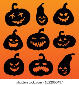 Juego de calabaza de Halloween. Calabazas negras con una sonrisa para tu diseño para la celebración de Halloween en un fondo naranja. Ilustración vectorial.