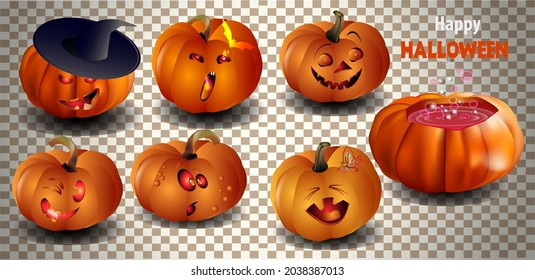 Halloween pumpkin set. Cheerful Jack-o-Lantern face with various emotions.