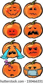 Halloween pumpkin set collection sadness sleep illness tears loneliness Emoji. comic cartoon pop art retro vector illustration drawing