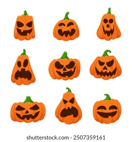 Halloween pumpkin set. Creepy faces. Сoncept is used for stickers, banners and cards. Hand drawn vector illustration.