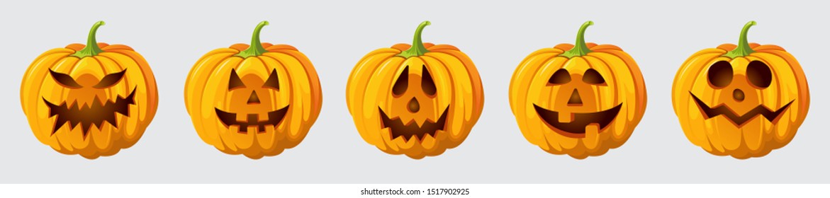Halloween Pumpkin Set With Cut Out Faces . High Quality Realistic Vector Clipart Icons. Trick Or Treat Event Decoration