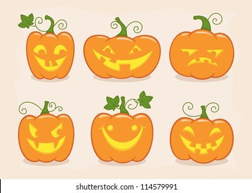 Halloween pumpkin set with different emotions. Vector illustration