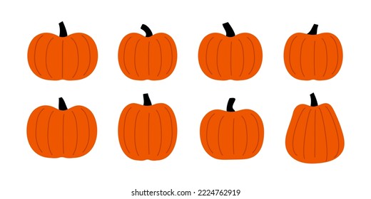 Halloween pumpkin set. Funny faces. Autumn holidays. Pumpkin collection on white background. Symbol of the Halloween holiday. Orange pumpkins with smile for your design for the Halloween.