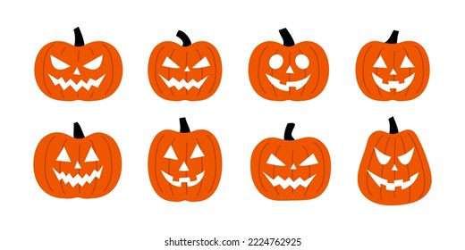 Halloween pumpkin set. Funny faces. Autumn holidays. Pumpkin collection on white background. Symbol of the Halloween holiday. Orange pumpkins with smile for your design for the Halloween.