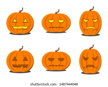 Halloween pumpkin set. Funny, grumpy and scary pumpkin lanterns on and off collection. Halloween horror themed icons. Design for decoration, invitation card, logo, flyer.