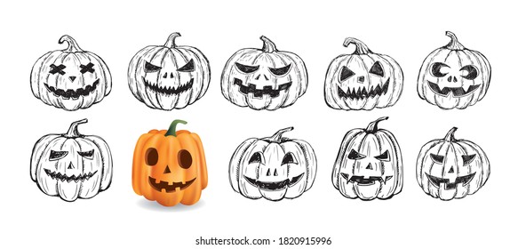 Halloween pumpkin set. Hand drawn illustration.