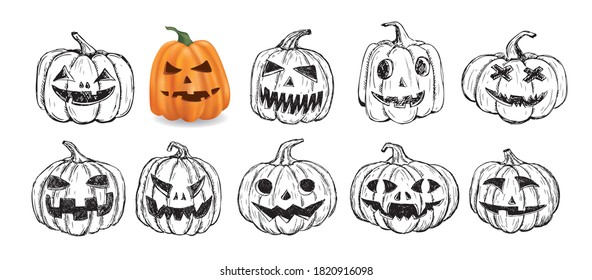 Halloween pumpkin set. Hand drawn illustration.